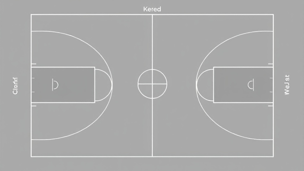표준 농구 코트의 전체 구조와 주요 영역 배치도