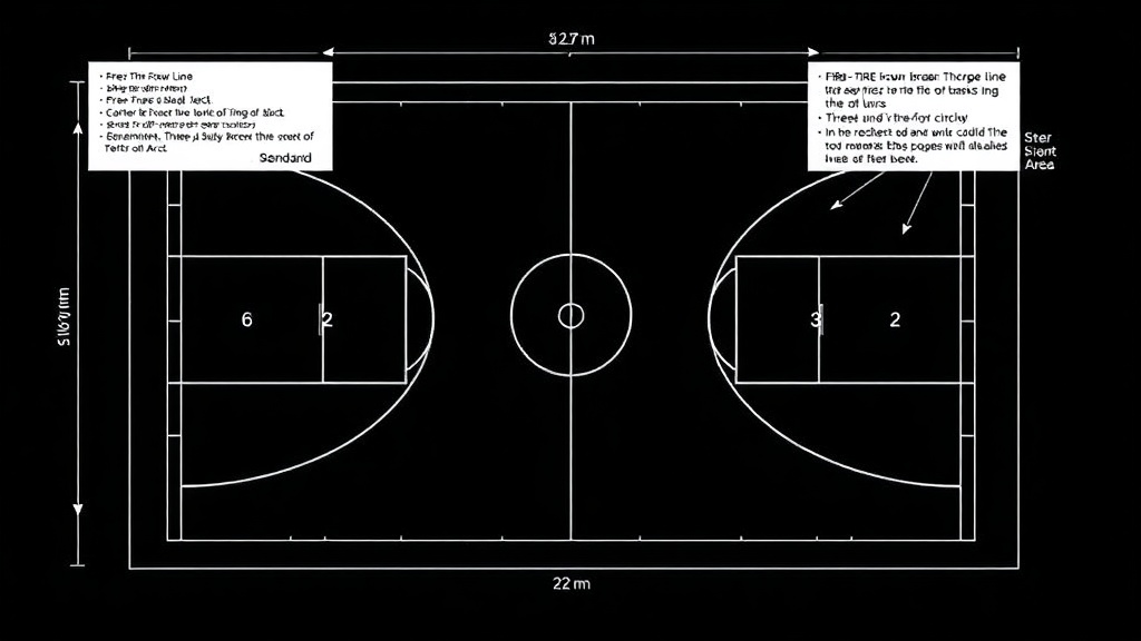 농구 코트의 길이와 폭 측정 기준을 나타낸 도면